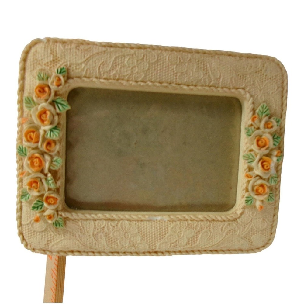Vintage Russ Berrie Victorian Lace Picture Frame Peach Resin Yellow Rose Flawed